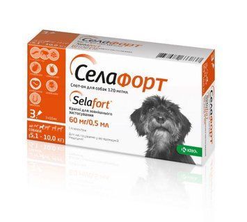 Капли от блох, клещей и гельминтов для собак 5,1 - 10 кг Selafort (Селафорт) by KRKA, 60 мг / 0.5 мл A156 фото