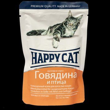 Вологий корм для дорослих котів Happy Cat Rind Geflugel in Sosse, шматочки в соусі, з яловичиною та птахом, 100 г A667 фото