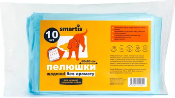 Пеленки ежедневные Smartis для щенков и взрозслых собак 60x60 см 38/4 г, 10 шт A686-1 фото