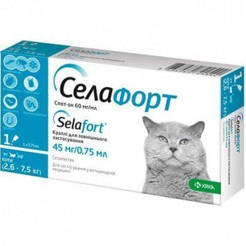 Краплі від бліх кліщів і гельмінтів для кішок 2,6-7,5 кг Selafort (Селафорт) by KRKA, 45 мг/ 0.75 мл K153 фото