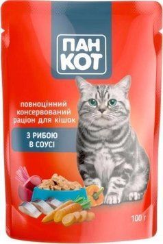 Корм вологий Пан Кот для котів з рибою у соусі, пауч, 100 г A62 фото